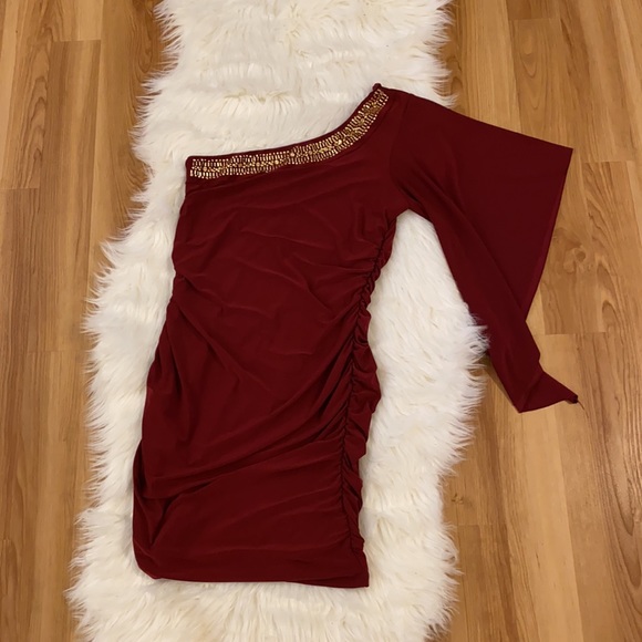 Red Embellished One Shoulder Dress by Venus - Picture 2 of 4